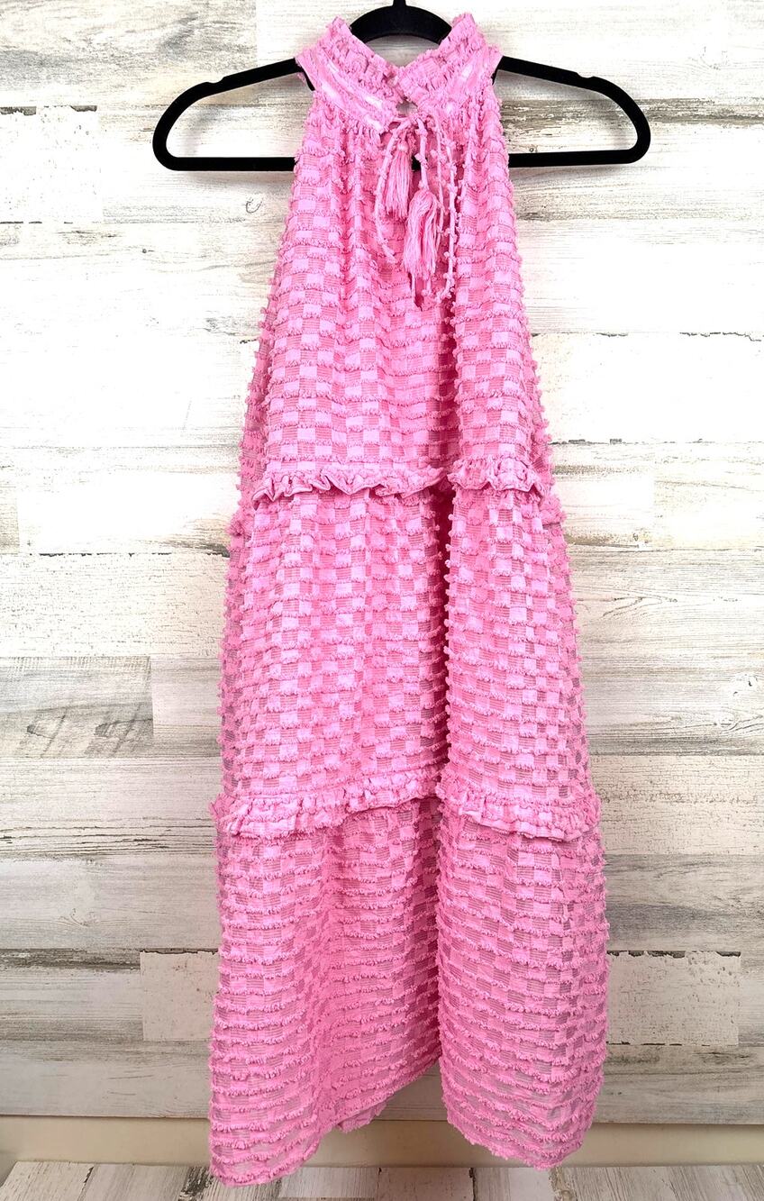 THML Womens L Pink Priscilla Halter Mini Dress Bubble Texture Tiered Boho